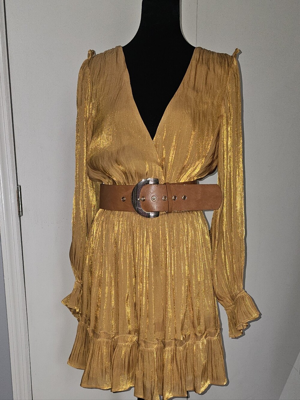 Vici Gold Plissé Long-Sleeve V-Neck Mini Dress